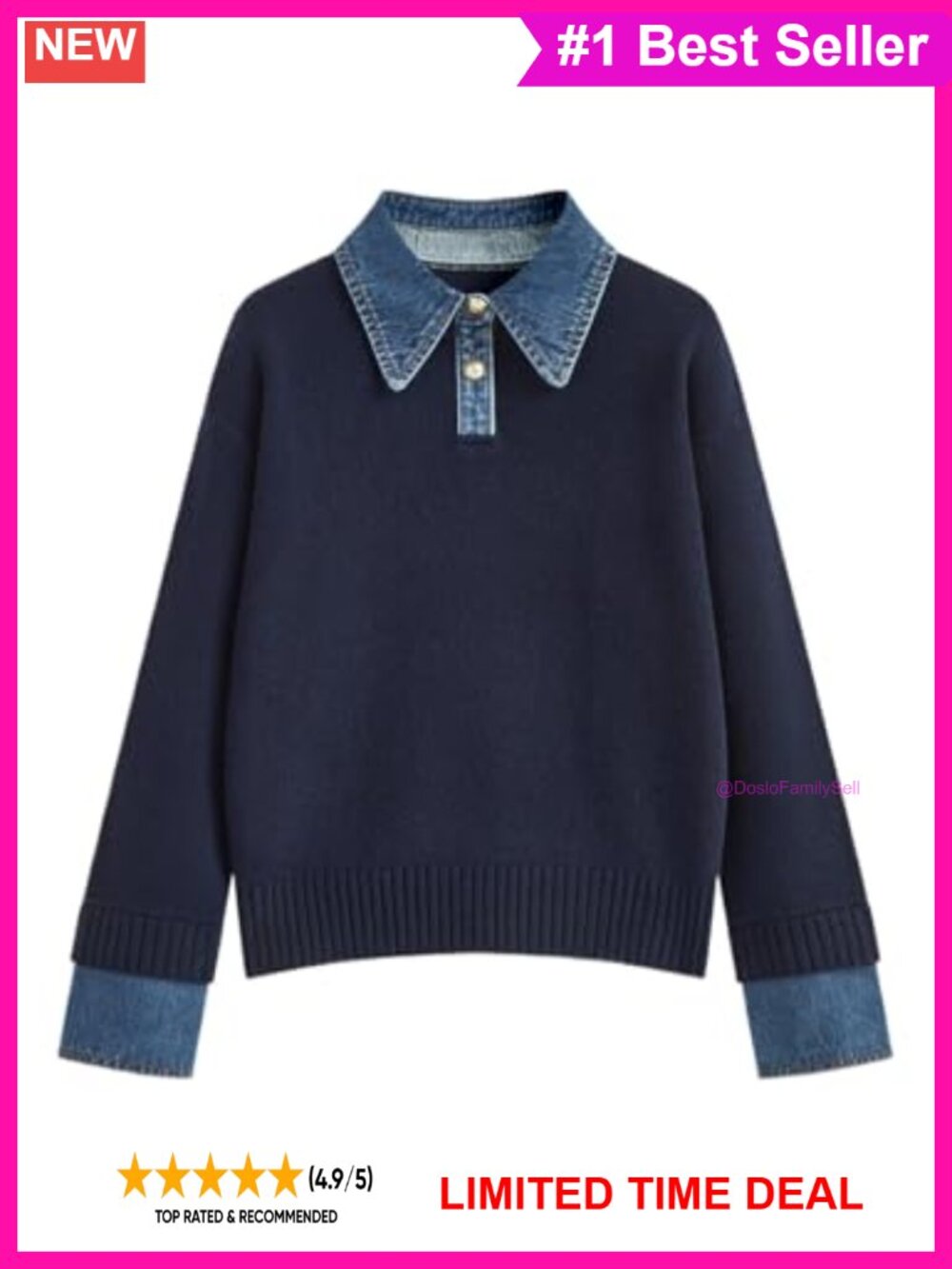 Oversized Polo Sweater Button Up Denim Collar Pullover Long Sleeve Knit Top